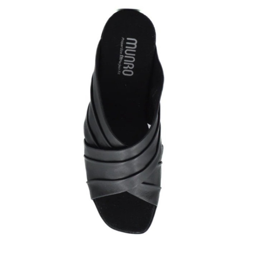 MUNRO | Black Leather Open Toe Twisted Kitten Slide Mules, 7.5W (L), 7.5M (R) - Picture 3 of 12
